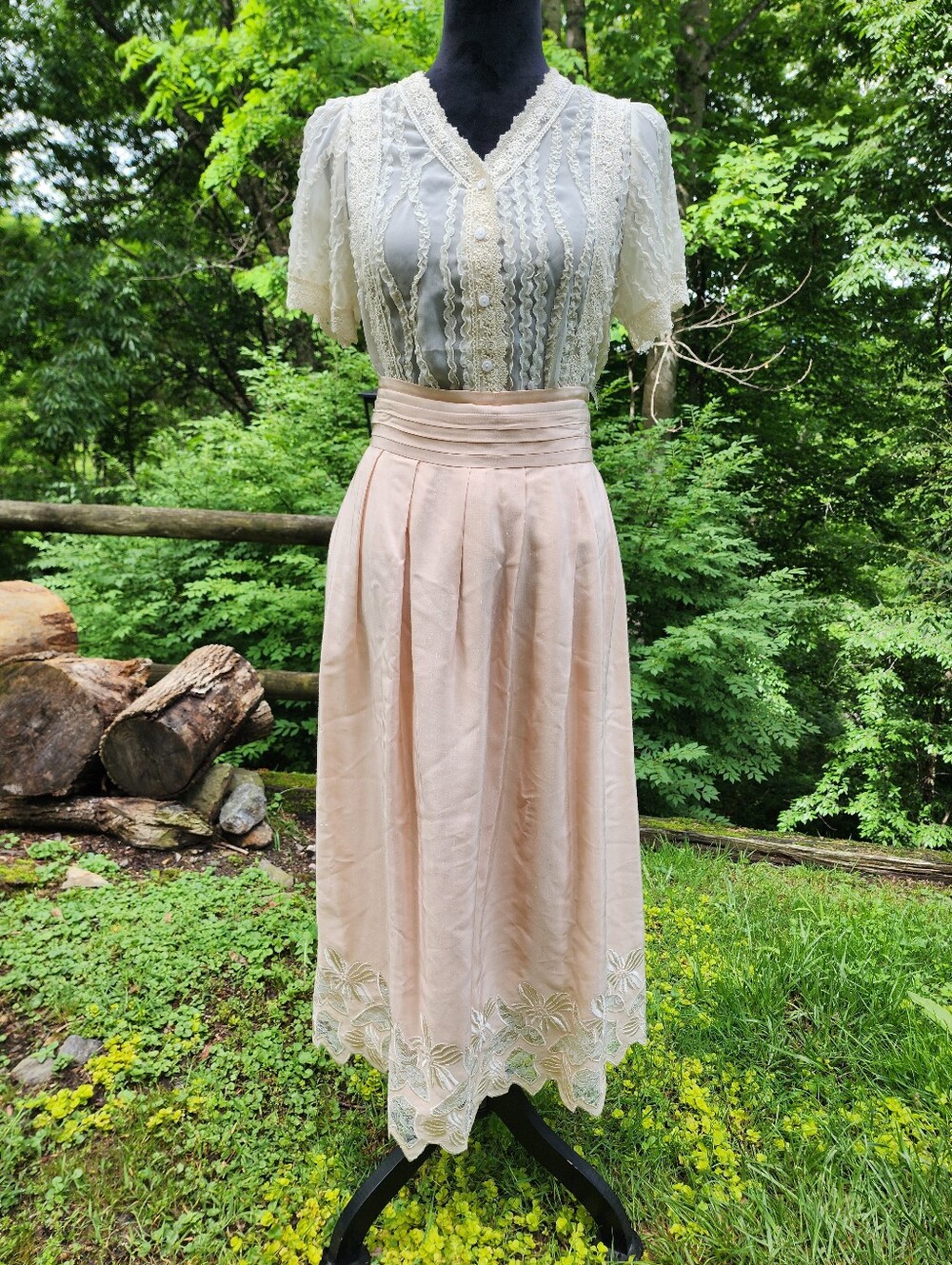 Pale Pink Peach Romantic 80s Victorian Style Vintage Long Maxi Skirt